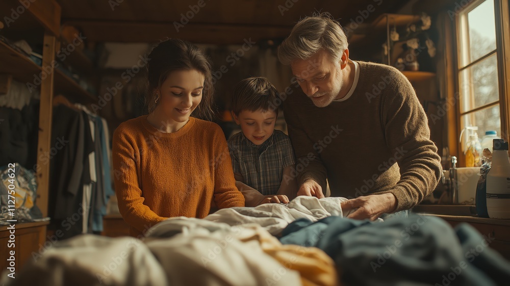 Happy family folding clean laundry in a cozy, rustic home, cherishing moments of togetherness and enjoying quality time together Happy family folding clean laundry in a cozy, rustic home, cherishing moments of togetherness and enjoying quality time together