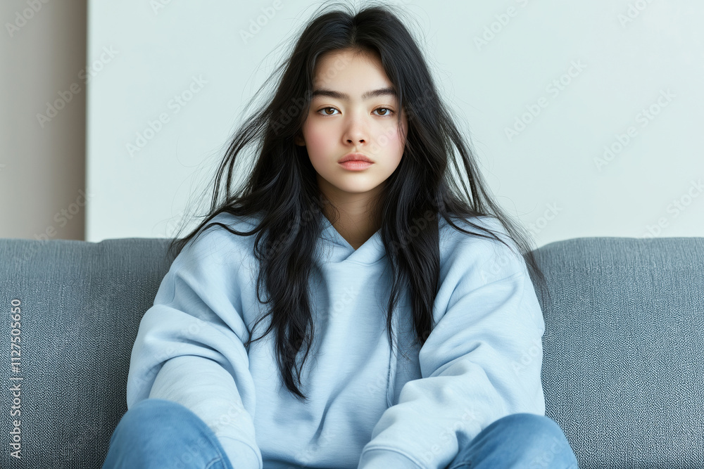 Young woman in a light blue hoodie sitting on a couch in a modern indoor space Young woman in a light blue hoodie sitting on a couch in a modern indoor space