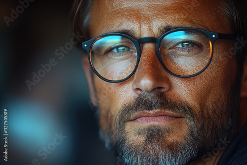 A close-up portrait of a man with glasses and a beard