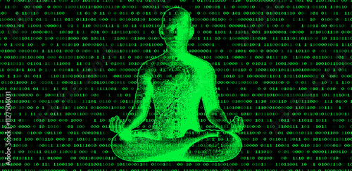 Pixel art man in lotus pose on background with binary code. Conceptual vector illustration of the fusion of technology and spirituality.