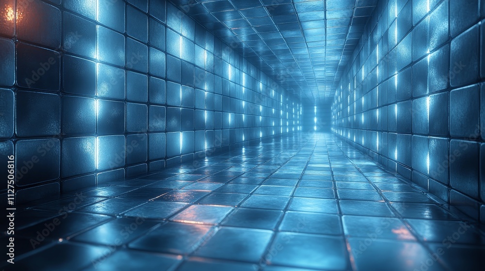 A blue room with a long hallway with a blue tile floor A blue room with a long hallway with a blue tile floor