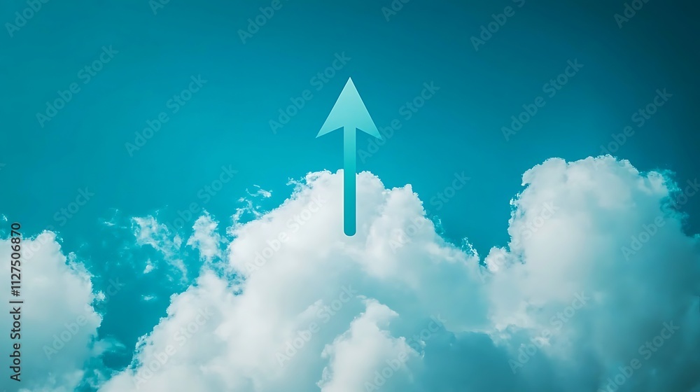 Fototapeta premium Upward arrow soaring above fluffy clouds in a vibrant blue sky, symbolizing growth, success, and progress.