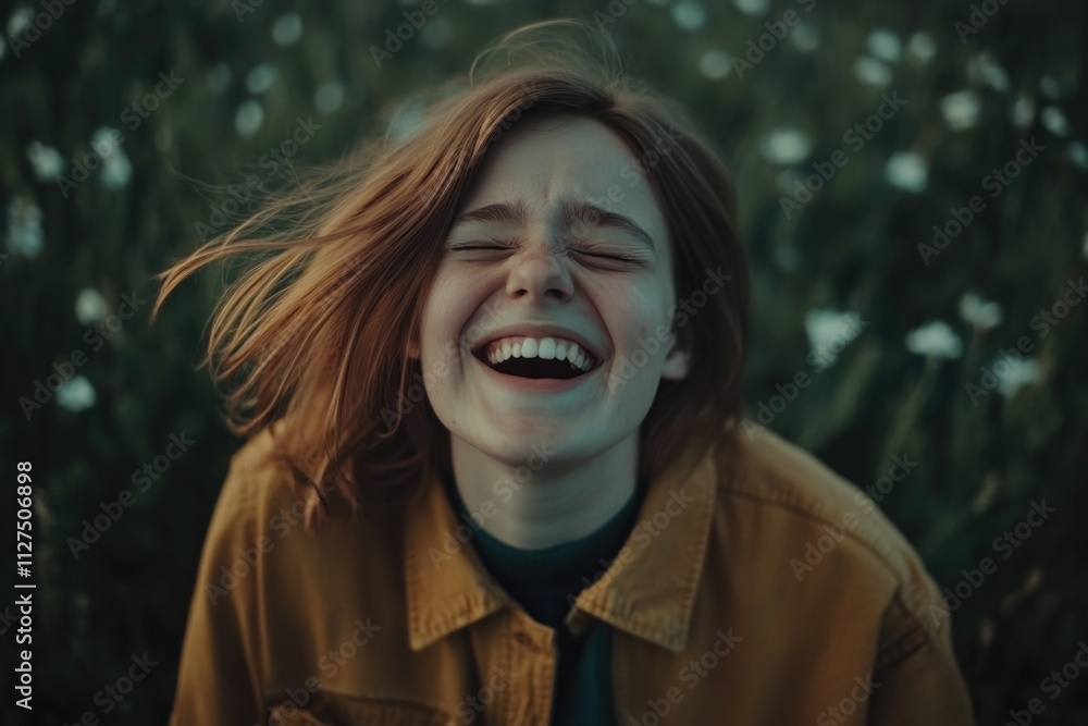 Joyful moment of a young caucasian female laughing outdoors Joyful moment of a young caucasian female laughing outdoors