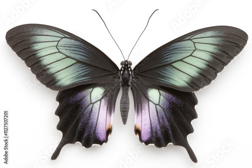 Black and green swallowtail butterfly with vibrant patterned wings on white background