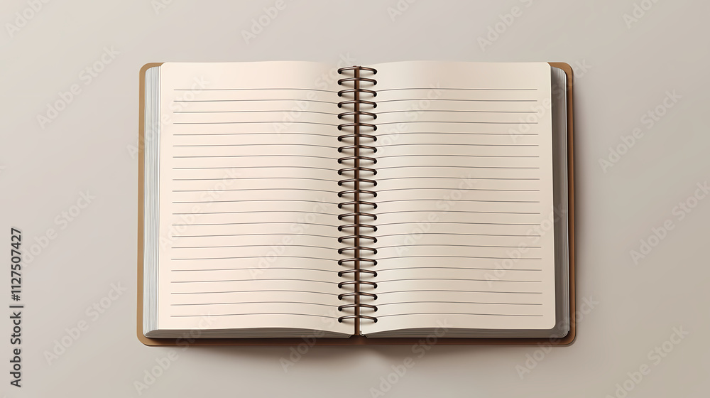 A lined notebook with a brown cover, open to a blank page with a silver spiral binding. Spiral. Illustration A lined notebook with a brown cover, open to a blank page with a silver spiral binding. Spiral. Illustration