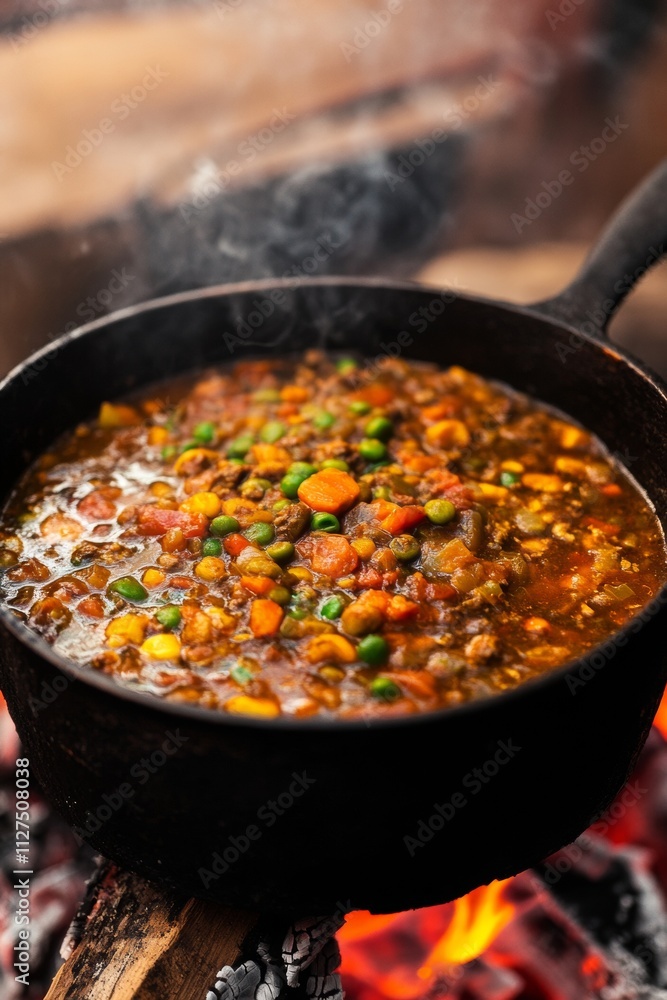 A rustic cast iron pot simmers over an open fire, releasing steam while filled with a rich stew of vegetables and spices. Natural lighting highlights the vibrant colors of the ingredients A rustic cast iron pot simmers over an open fire, releasing steam while filled with a rich stew of vegetables and spices. Natural lighting highlights the vibrant colors of the ingredients
