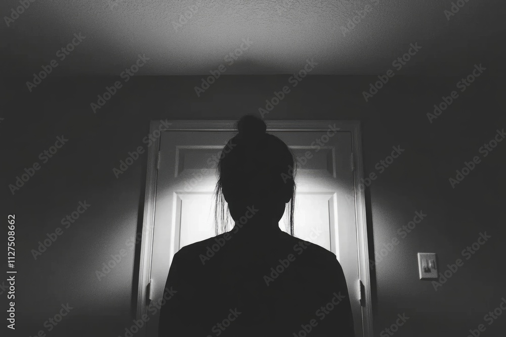 Obraz premium Silhouette of female adult in dark room with doorway light