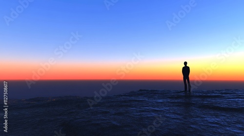 A solitary figure stands on rocky terrain as the sun sets, casting vivid blue and orange hues across the sky. The vibrant colors and peaceful atmosphere suggest quiet reflection and serenity. AI