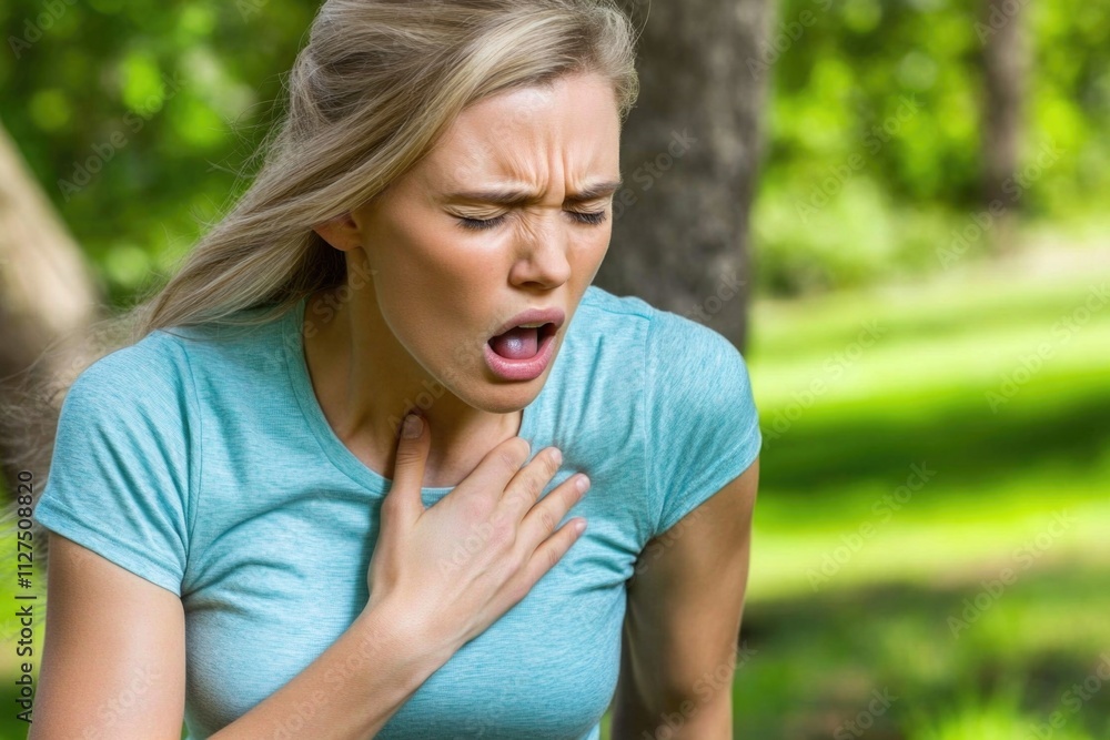 Young caucasian female experiencing allergic reaction in park setting Young caucasian female experiencing allergic reaction in park setting