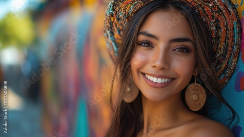 Portrait of a beautiful young woman with perfect white teeth smiling happily, wearing a colorful headdress and earrings, posing against a vibrant graffiti wall