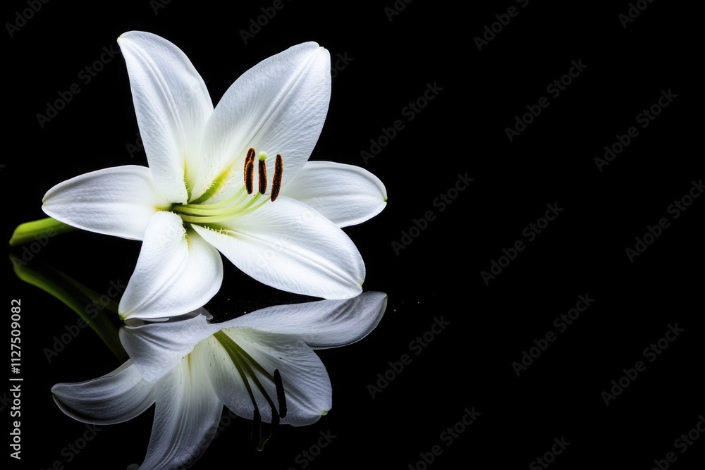 Fototapeta premium Elegant white lily on reflective black surface