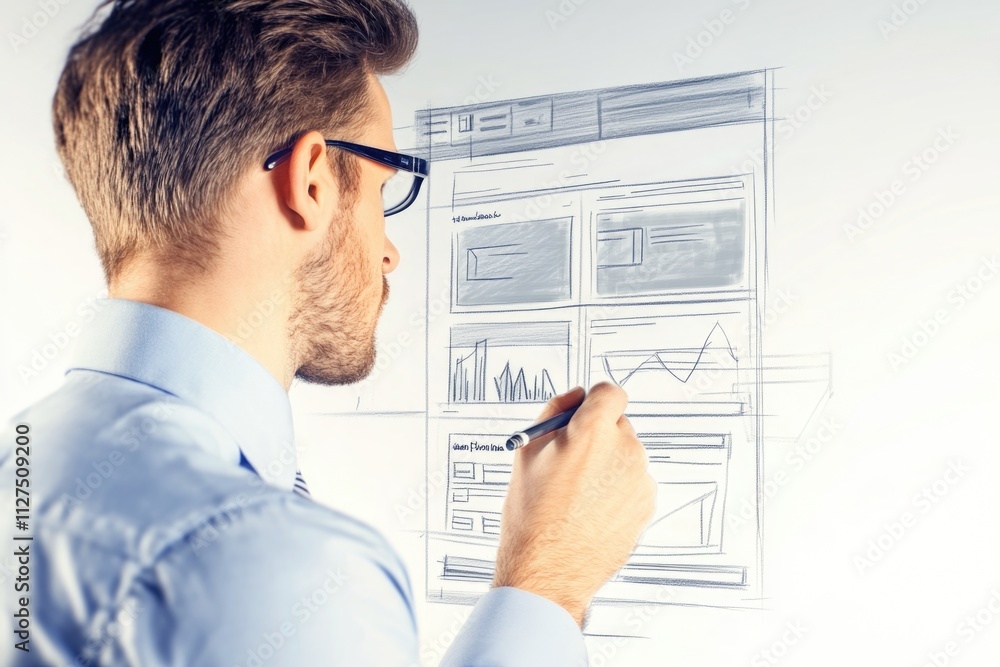 Illustration of a person creating a webpage design on a whiteboard, suitable for use in educational or business settings Illustration of a person creating a webpage design on a whiteboard, suitable for use in educational or business settings