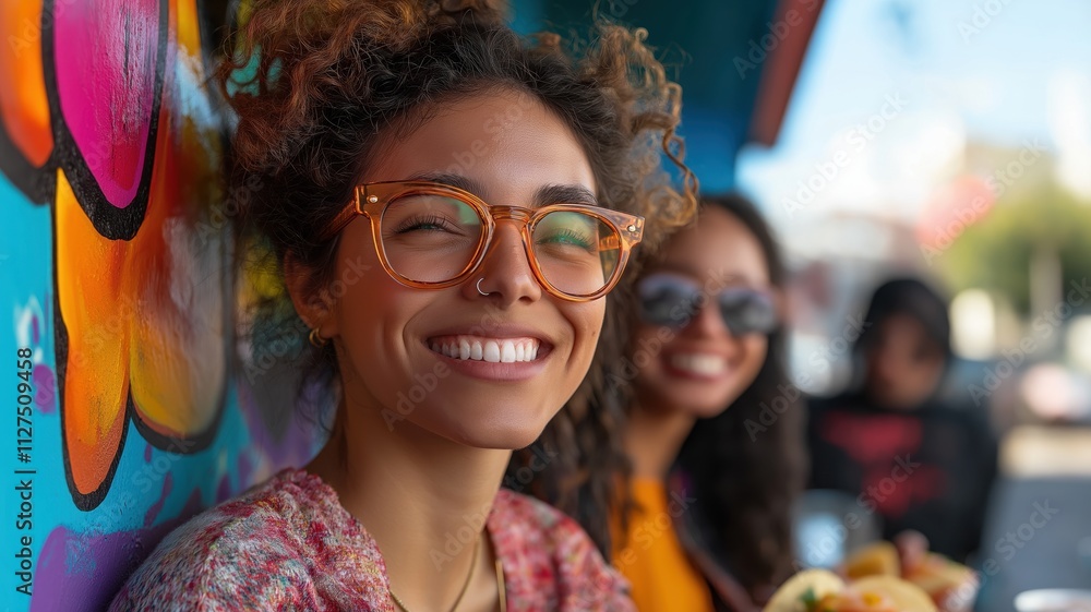 Portrait of a smiling young woman with eyeglasses and nose ring enjoying street food with her friends Portrait of a smiling young woman with eyeglasses and nose ring enjoying street food with her friends