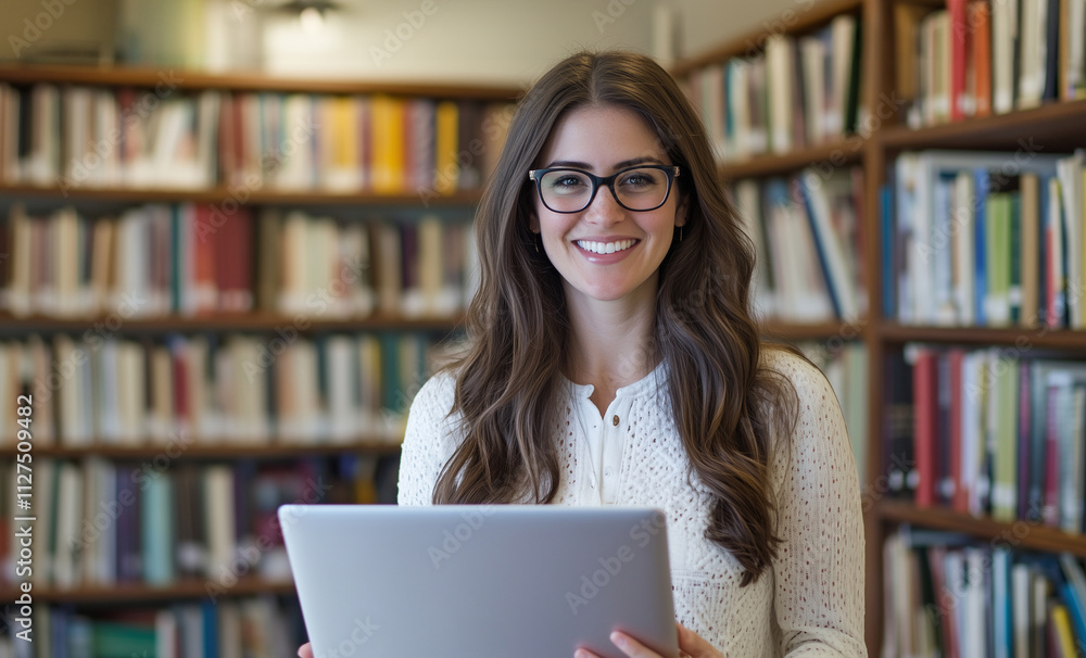 30s hispanic woman with long hair holding an open laptop, standing near bookshelves filled with books 30s hispanic woman with long hair holding an open laptop, standing near bookshelves filled with books