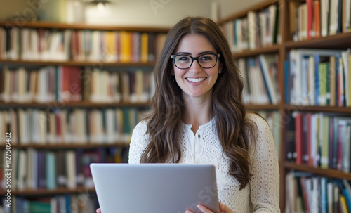 30s hispanic woman with long hair holding an open laptop, standing near bookshelves filled with books