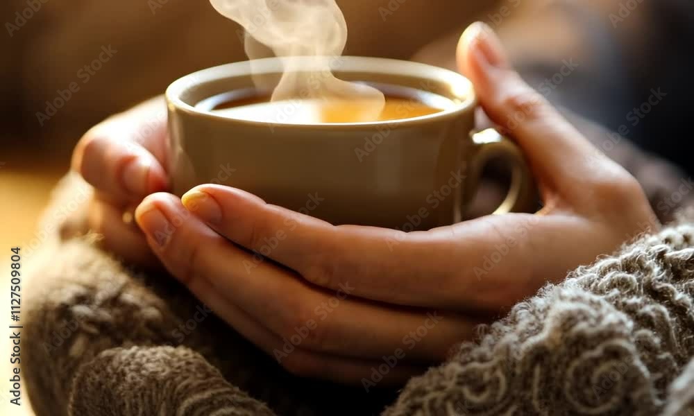 Close-up of hands holding a steaming cup of tea. Close-up of hands holding a steaming cup of tea.