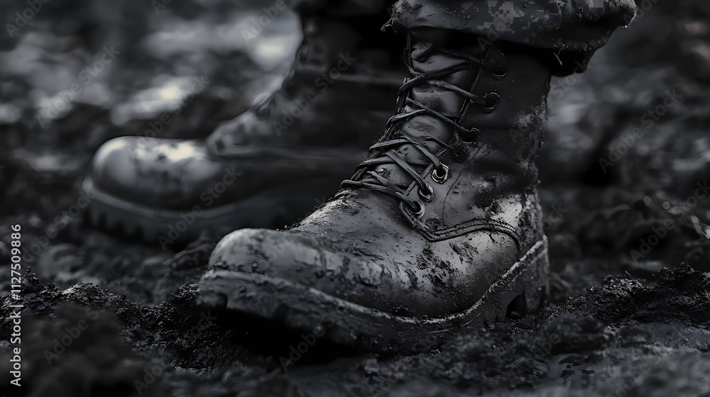 New beginning: close-up of army boot on ashen ground. Ashen. Illustration New beginning: close-up of army boot on ashen ground. Ashen. Illustration