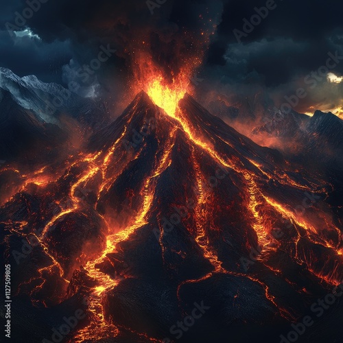 A nighttime volcanic eruption with bright lava flows illuminating the dark mountainside, surrounded by swirling ash clouds, showcasing the raw power of nature.