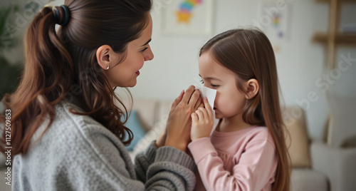 A nurturing woman assists a young boy with a tissue, conveying care and warmth in a cozy, softly decorated room.