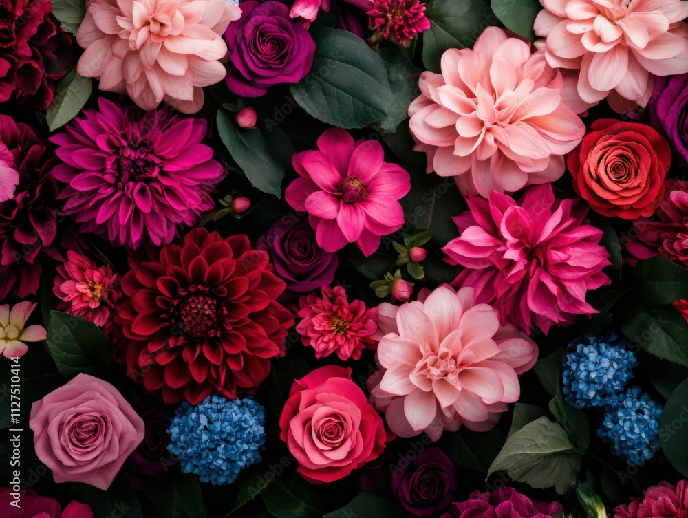 Vibrant floral arrangement with various blooms in pink and purple Vibrant floral arrangement with various blooms in pink and purple