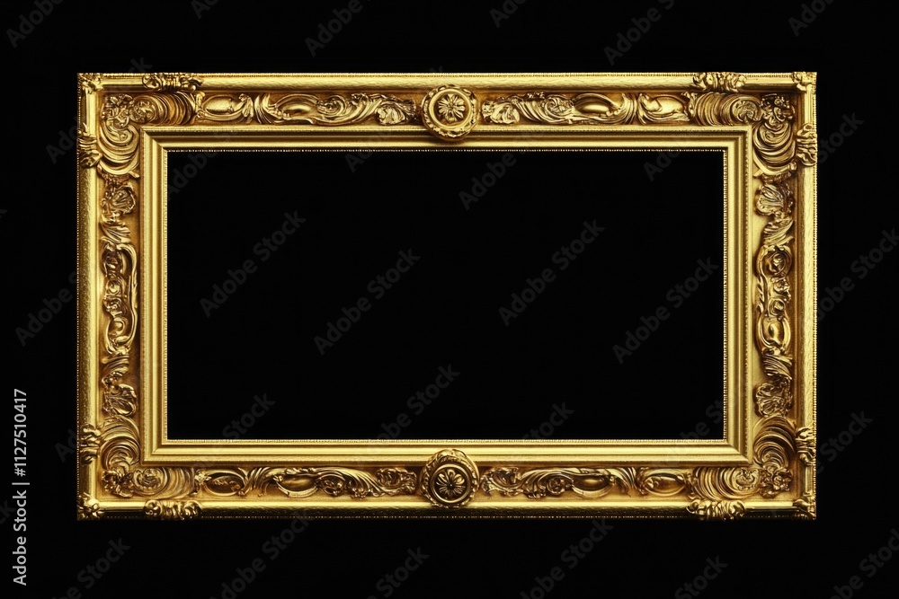 A golden picture frame sits on a dark background A golden picture frame sits on a dark background