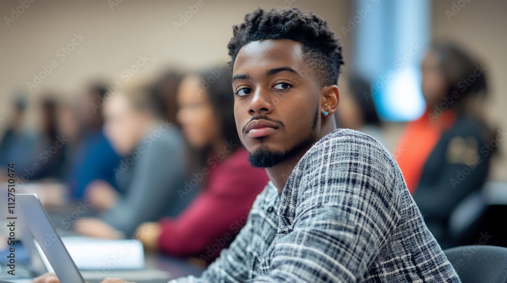 Focused student in lecture hall with laptop. Focused student in lecture hall with laptop.