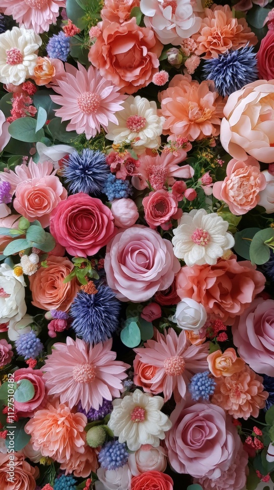 Colorful arrangement of artificial flowers in vibrant display Colorful arrangement of artificial flowers in vibrant display