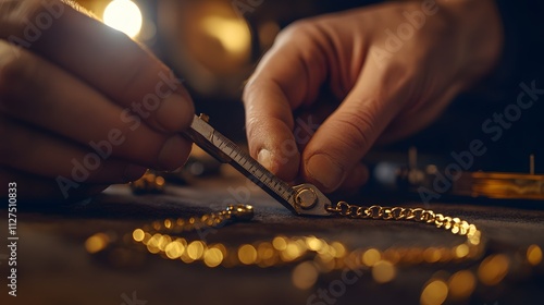 A jeweler carefully measuring a gold chain with calipers on a velvet-lined table. photo