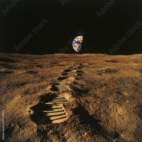 Astronaut footprints on the Moon’s gray, dusty surface, with Earth glowing in the distance against the infinite blackness of space, capturing the essence of exploration and human achievement photo