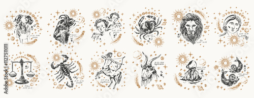 Hand drawn zodiac signs illustration, planets, sun, moon, stars.
