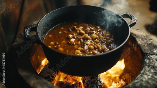 A rustic cast iron pot sits over an open flame, releasing steam while a hearty stew cooks inside. Natural light highlights the warm, inviting atmosphere of the outdoor setup photo