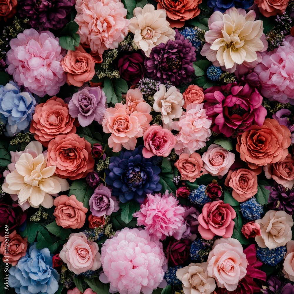 Colorful display of artificial flowers in vibrant arrangement Colorful display of artificial flowers in vibrant arrangement