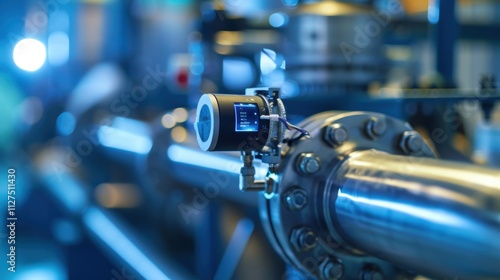 An extreme closeup of a stateoftheart IIoT sensor attached to a piece of equipment capturing data on temperature vibrations and other key parameters to identify potential