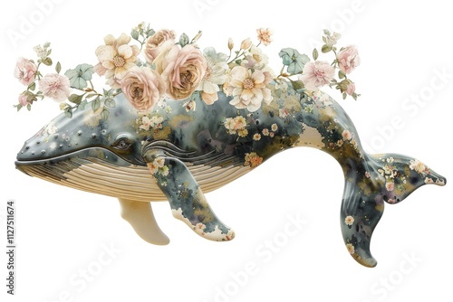 A majestic blue whale wearing flowers on its head photo