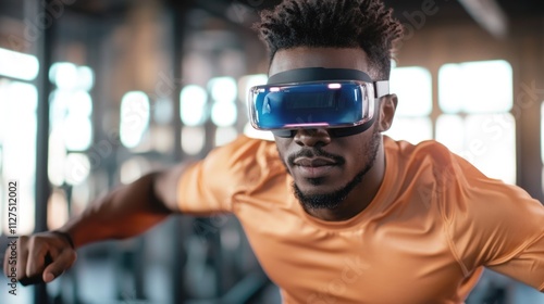 A person wearing VR headset exercising in a gym