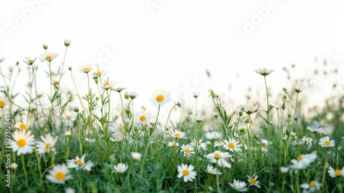 Realistic spring green grass field with flowers isolated border on transparent background. Yellow flores meadow with camomile nature frame set. Wild grassland bunch collection with sunshine light.