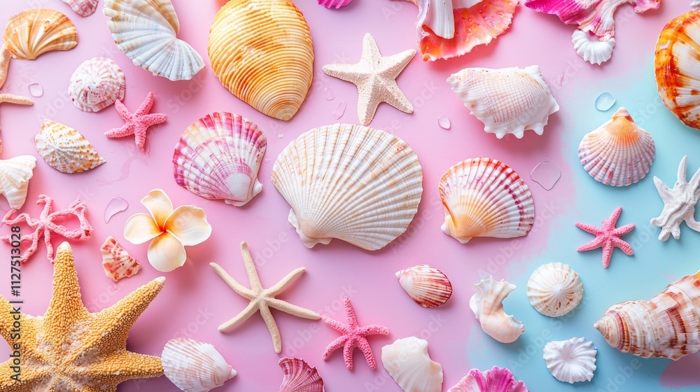 Seashell collection on pastel background with vibrant colors Seashell collection on pastel background with vibrant colors