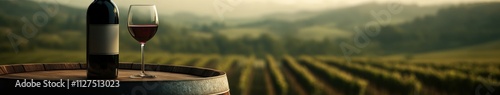 View of vineyard with wine bottle and glass on barrel photo