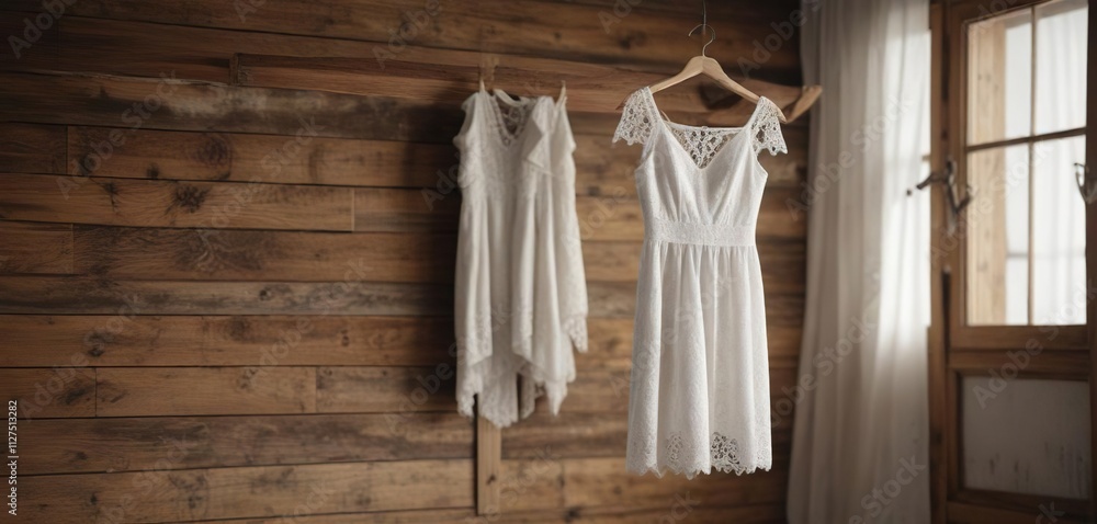 Delicate white lace dress hanging on rustic wooden hanger, vintage, feminine, clothing, texture, bridal Delicate white lace dress hanging on rustic wooden hanger, vintage, feminine, clothing, texture, bridal