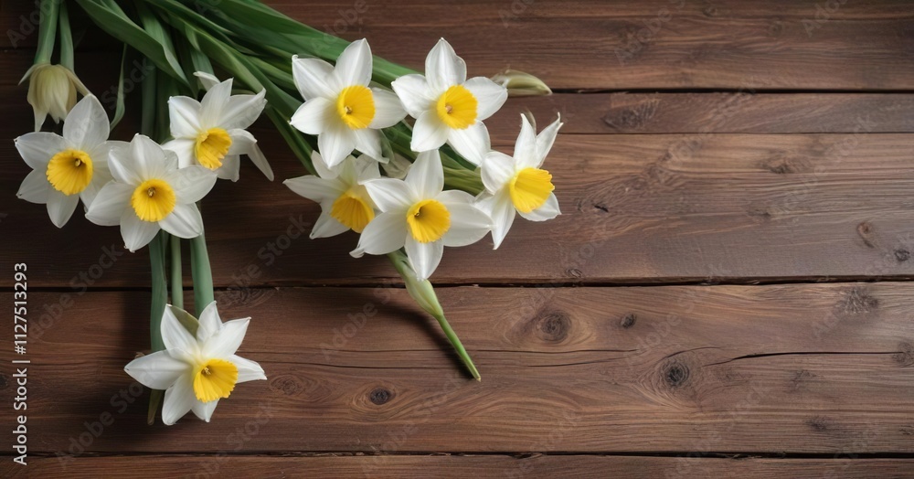Obraz premium Delicate white daffodils on vintage wood backdrop, vintage, sunlight, fragrant