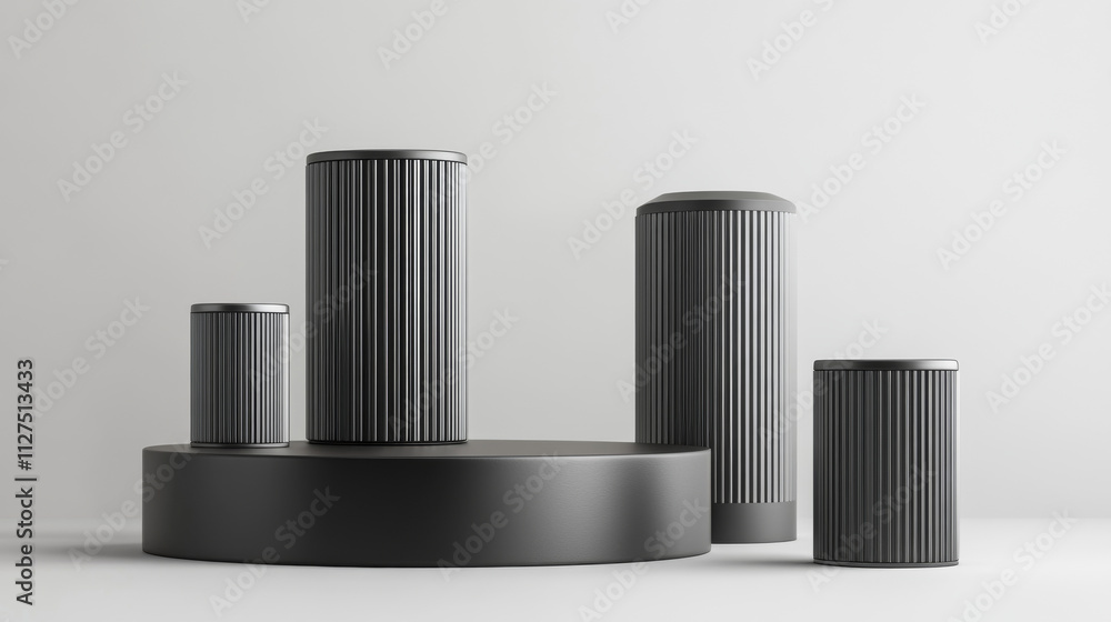 Obraz premium Silver metallic cylinder product podiums of different height. Realistic 3D vector illustration set of grey metal round stands for goods displaying. Geometric pillar platform mockup for awarding winner