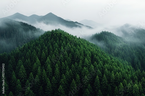 Misty dawn embrace trees in a dark dense forest enveloped by rolling fog captured in a serene landscape scene photo