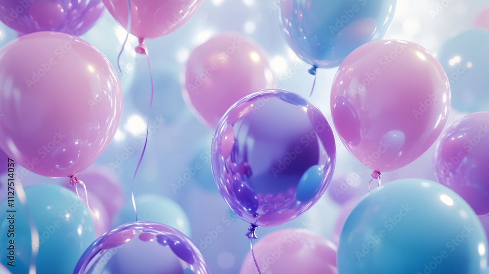 Birthday congratulation banner with helium flying blue and purple balloons on pastel background. Realistic 3d vector greeting template with holiday decor balls bunch for anniversary or New Year design Birthday congratulation banner with helium flying blue and purple balloons on pastel background. Realistic 3d vector greeting template with holiday decor balls bunch for anniversary or New Year design