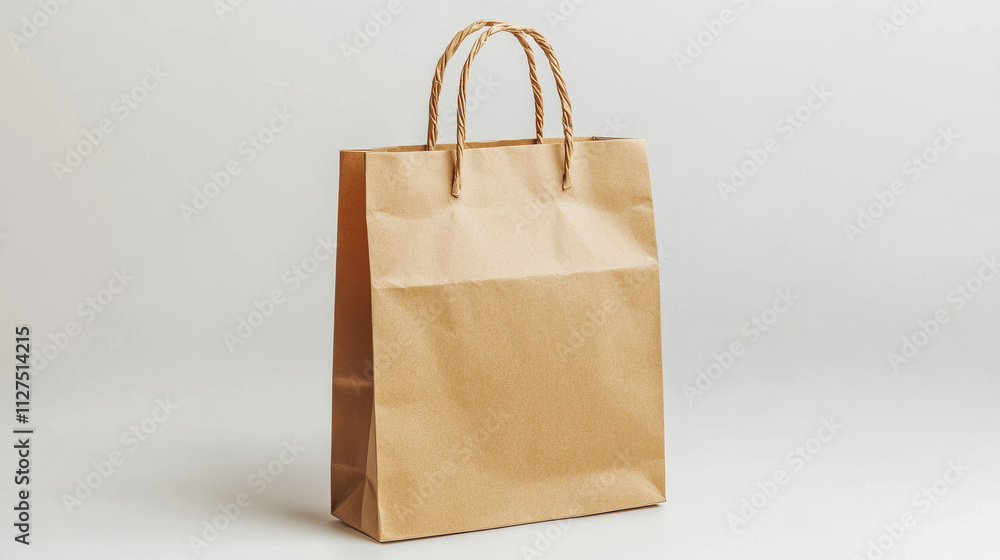 Craft paper bag and brown handle vector mockup. Shopping package mock up to carry purchase front angle view icon merchandising design collection. 3d retail reusable branding merchandise illustration Craft paper bag and brown handle vector mockup. Shopping package mock up to carry purchase front angle view icon merchandising design collection. 3d retail reusable branding merchandise illustration