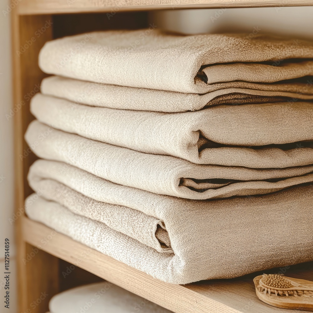 A stack of folded beige linen towels neatly arranged on a wooden shelf, illuminated by soft lighting, exuding cozy minimalism and natural textures. A stack of folded beige linen towels neatly arranged on a wooden shelf, illuminated by soft lighting, exuding cozy minimalism and natural textures.