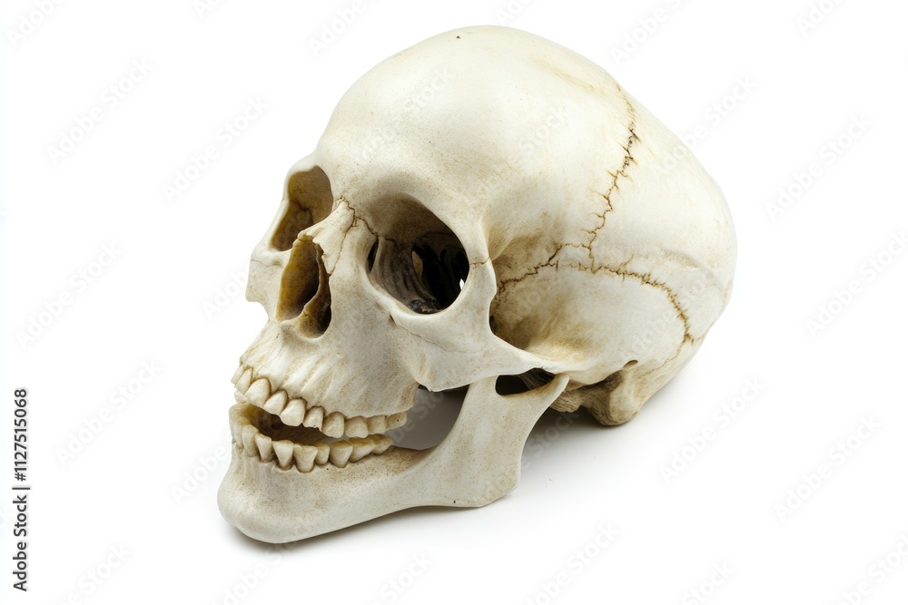 Naklejka premium A single white skull placed on a white background, ideal for use in illustrations and designs where a subtle focus is needed