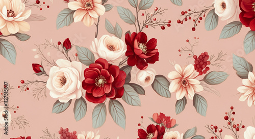 Elegant floral pattern featuring red and white blooms with green leaves on soft pink background