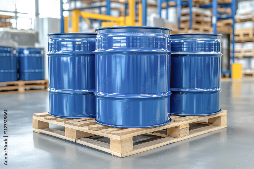 Blue barrels on pallets in warehouse ready for delivery Chemical manufacturing for industrial use. Concept Chemical Manufacturing, Warehouse Logistics, Industrial Packaging, Shipping and Delivery Blue barrels on pallets in warehouse ready for delivery Chemical manufacturing for industrial use. Concept Chemical Manufacturing, Warehouse Logistics, Industrial Packaging, Shipping and Delivery