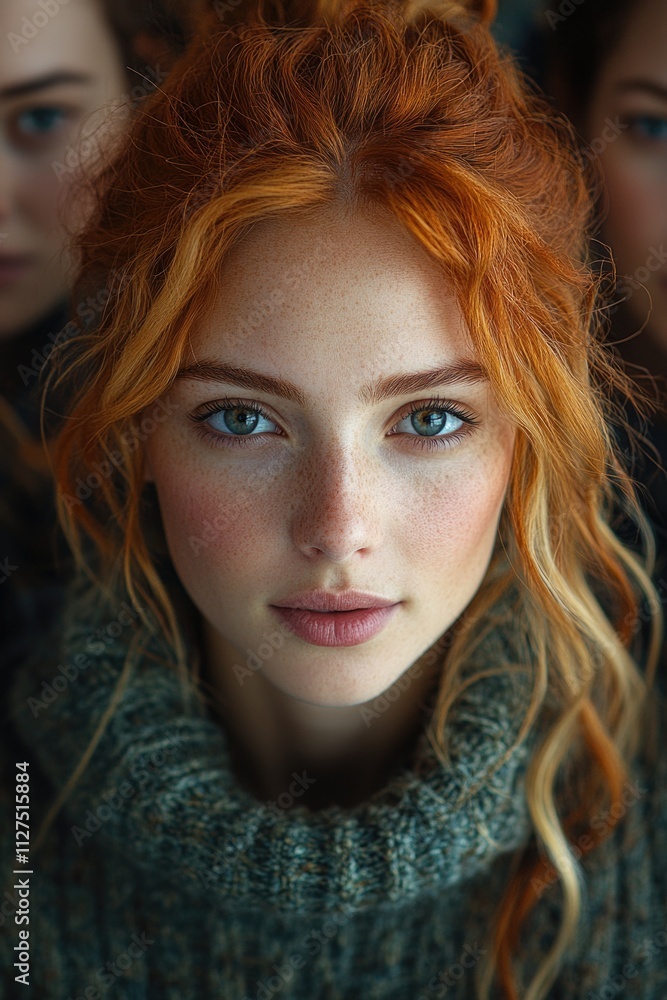 A close-up shot of a woman with bright red hair, looking directly at the camera A close-up shot of a woman with bright red hair, looking directly at the camera