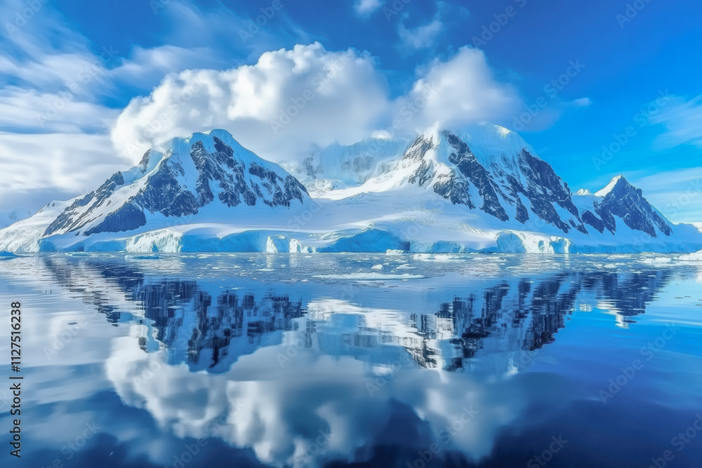 Blue Ice covered mountains in south polar ocean. Winter Antarctic landscape. The mount's reflection in the crystal clear water. The cloudy sky over the massive rock glacier. Travel wild nature Blue Ice covered mountains in south polar ocean. Winter Antarctic landscape. The mount's reflection in the crystal clear water. The cloudy sky over the massive rock glacier. Travel wild nature
